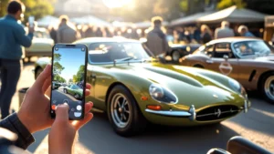 Homem segurando smartphone e fotografando um carro esportivo clássico em um evento de carros e café ao ar livre.