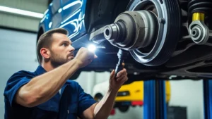Mecânico inspecionando a junta homocinética e a suspensão de um carro para identificar causas de vibração no volante.