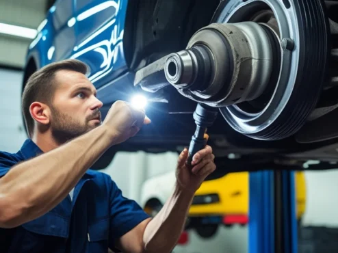 diagnostico-vibracao-carro-suspensao-transmissao Mecânico inspecionando a junta homocinética e a suspensão de um carro para identificar causas de vibração no volante.