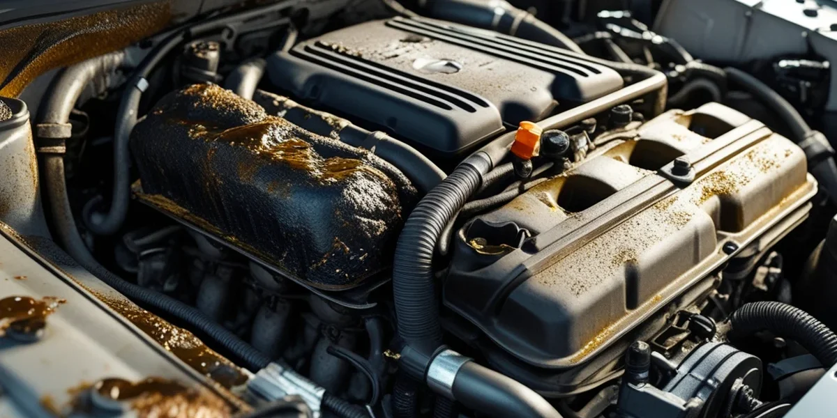 diferenca-entre-carro-problematico-e-negligenciado Vista lateral de um motor de carro aberto com sinais de borra de óleo e desgaste por falta de manutenção preventiva