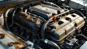 Vista lateral de um motor de carro aberto com sinais de borra de óleo e desgaste por falta de manutenção preventiva