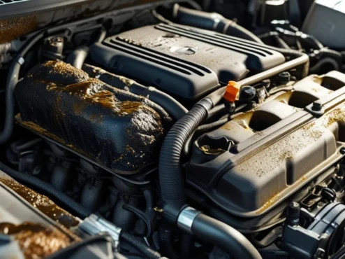 diferenca-entre-carro-problematico-e-negligenciado Vista lateral de um motor de carro aberto com sinais de borra de óleo e desgaste por falta de manutenção preventiva