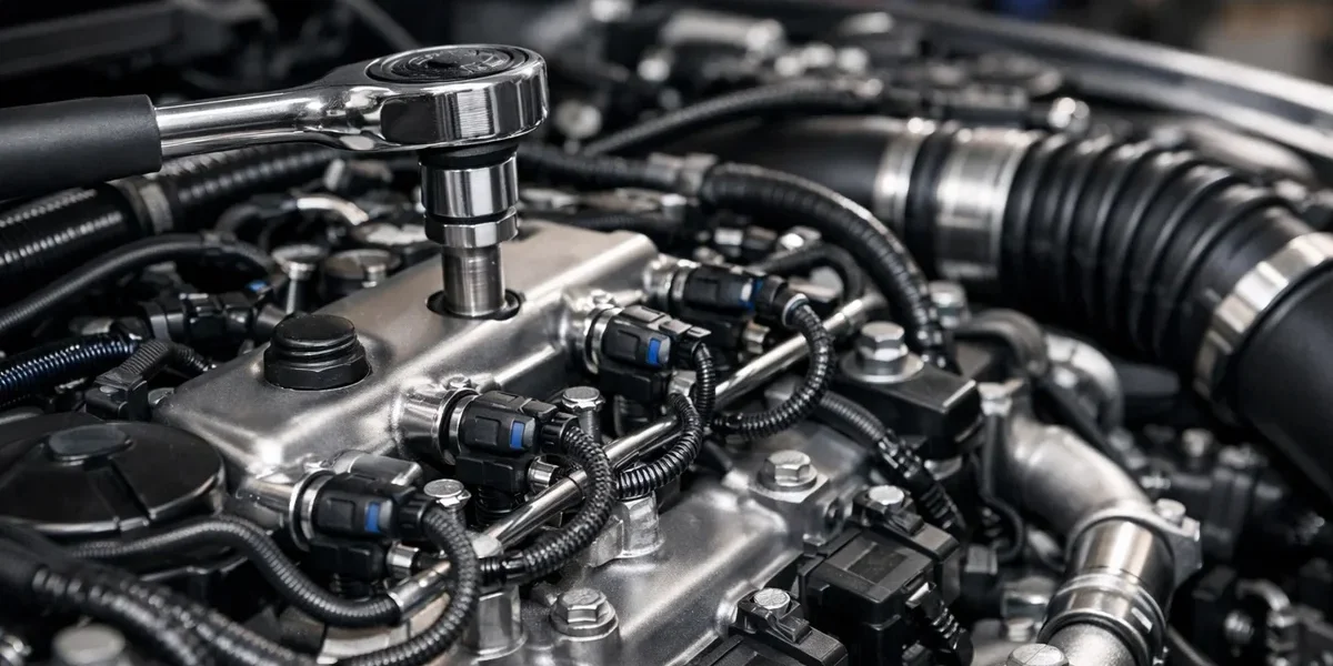 Vista detalhada de um motor automotivo moderno em manutenção, destacando componentes de precisão e limpeza.
