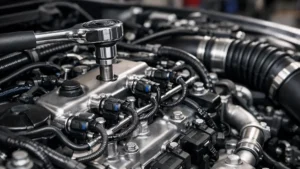 Vista detalhada de um motor automotivo moderno em manutenção, destacando componentes de precisão e limpeza.