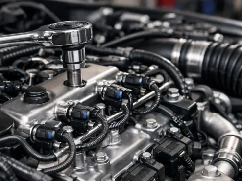 engenharia-automotiva-confiabilidade-motor-revisao Vista detalhada de um motor automotivo moderno em manutenção, destacando componentes de precisão e limpeza.