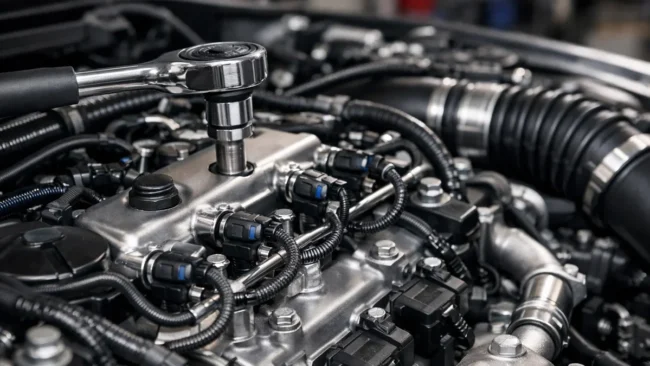 Vista detalhada de um motor automotivo moderno em manutenção, destacando componentes de precisão e limpeza.