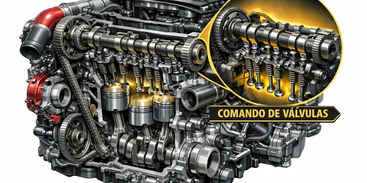 Ilustração técnica de componentes internos de um motor japonês de alta performance destacando o comando de válvulas.
