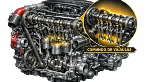 Ilustração técnica de componentes internos de um motor japonês de alta performance destacando o comando de válvulas.