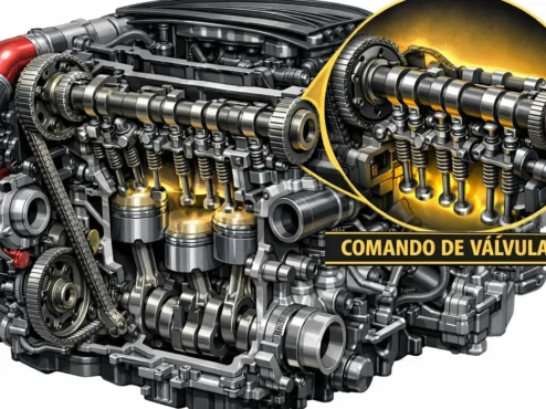 Ilustração técnica de componentes internos de um motor japonês de alta performance destacando o comando de válvulas.