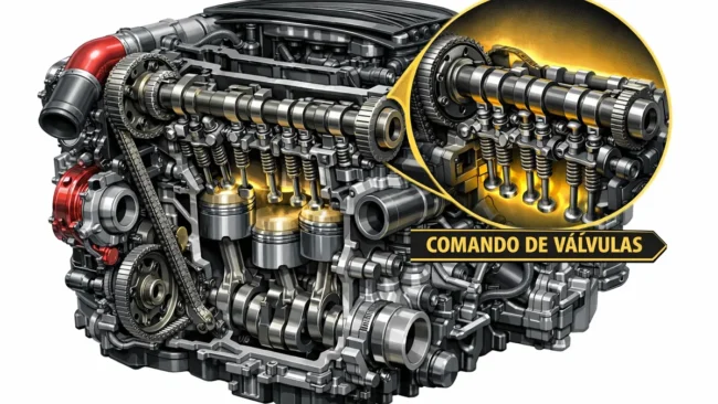 Ilustração técnica de componentes internos de um motor japonês de alta performance destacando o comando de válvulas.