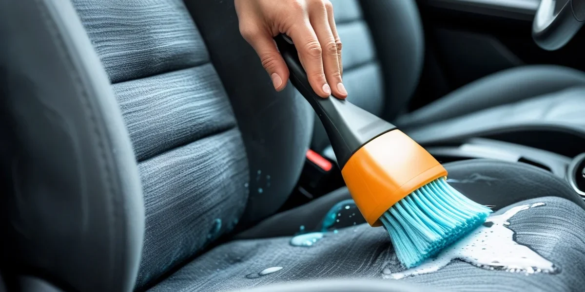 Pessoa utilizando escova de cerdas macias e produto específico para limpeza de bancos de tecido em detalhamento automotivo.