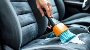 Pessoa utilizando escova de cerdas macias e produto específico para limpeza de bancos de tecido em detalhamento automotivo.