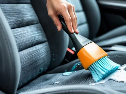 limpeza-bancos-tecido-tecnica-detalhamento-automotivo Pessoa utilizando escova de cerdas macias e produto específico para limpeza de bancos de tecido em detalhamento automotivo.