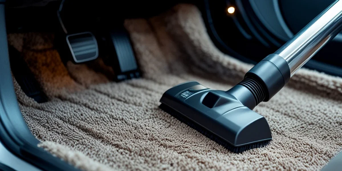 Processo de limpeza profunda do interior de um carro, com foco em aspirar carpetes para eliminar a fonte do mau cheiro e odores.