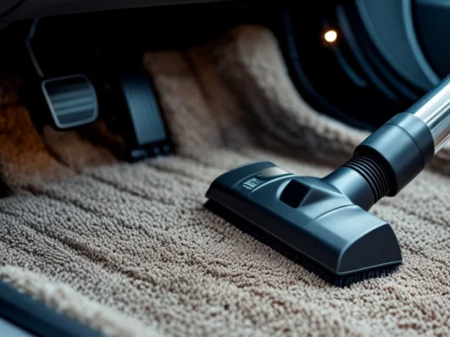 limpeza-higienizacao-interior-carro-aspirador Processo de limpeza profunda do interior de um carro, com foco em aspirar carpetes para eliminar a fonte do mau cheiro e odores.