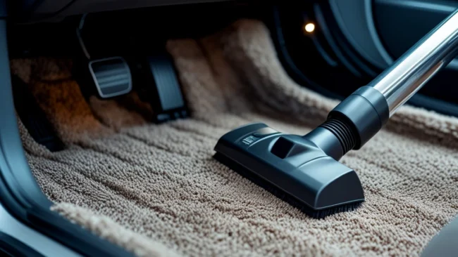 limpeza-higienizacao-interior-carro-aspirador Processo de limpeza profunda do interior de um carro, com foco em aspirar carpetes para eliminar a fonte do mau cheiro e odores.