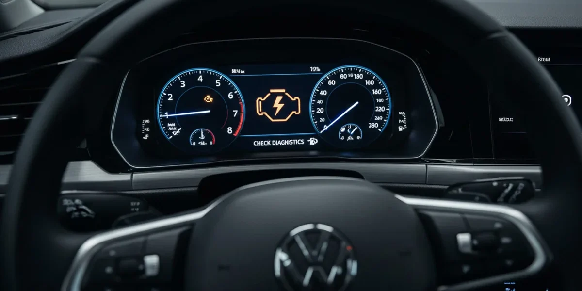 luz-injecao-eletronica-acesa-painel-carro Close-up do painel de um carro mostrando a luz de injeção eletrônica (check engine) acesa, indicando a necessidade de diagnóstico com scanner.