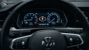 Close-up do painel de um carro mostrando a luz de injeção eletrônica (check engine) acesa, indicando a necessidade de diagnóstico com scanner.