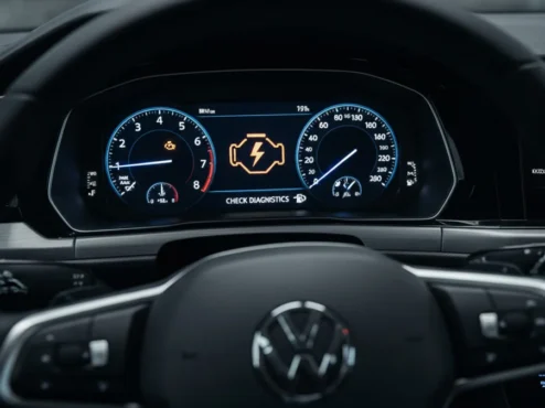 luz-injecao-eletronica-acesa-painel-carro Close-up do painel de um carro mostrando a luz de injeção eletrônica (check engine) acesa, indicando a necessidade de diagnóstico com scanner.