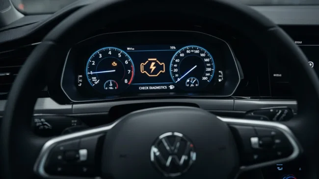 luz-injecao-eletronica-acesa-painel-carro Close-up do painel de um carro mostrando a luz de injeção eletrônica (check engine) acesa, indicando a necessidade de diagnóstico com scanner.