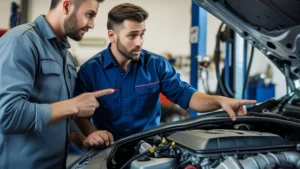 Mecânico examinando o compartimento do motor de um carro durante uma revisão preventiva em oficina especializada.