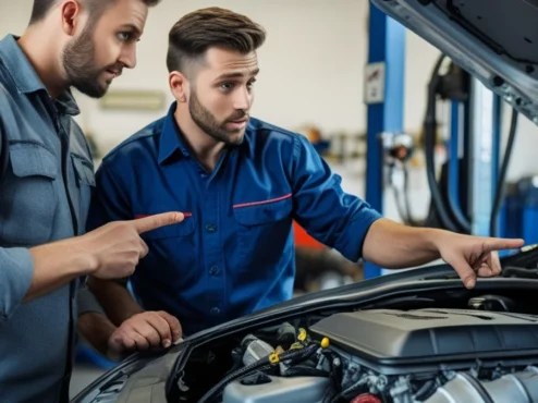 Mecânico examinando o compartimento do motor de um carro durante uma revisão preventiva em oficina especializada.