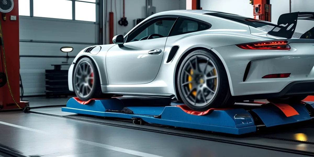 Carro esportivo em teste de dinamômetro para medir ganho real de potência após modificações mecânicas e de software.