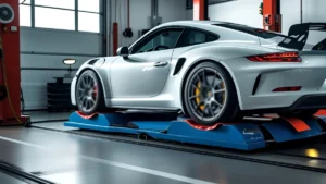 Carro esportivo em teste de dinamômetro para medir ganho real de potência após modificações mecânicas e de software.