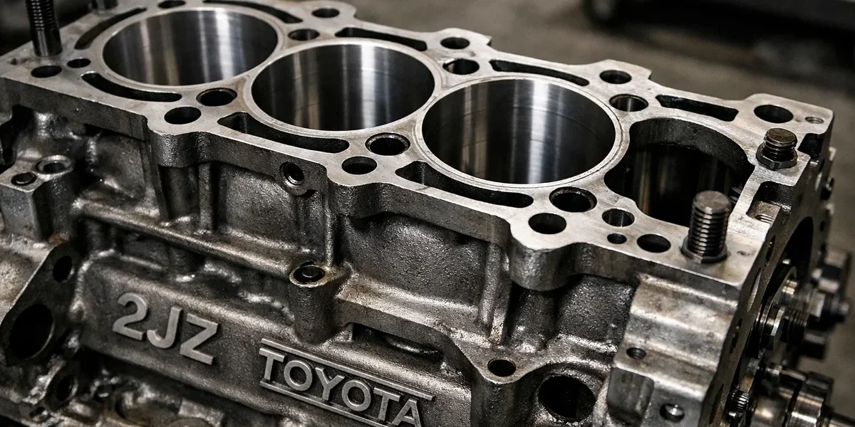 Vista detalhada do bloco de ferro de um motor japonês 2JZ preparado, destacando a robustez da engenharia dos anos 90.