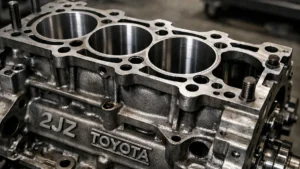 Vista detalhada do bloco de ferro de um motor japonês 2JZ preparado, destacando a robustez da engenharia dos anos 90.
