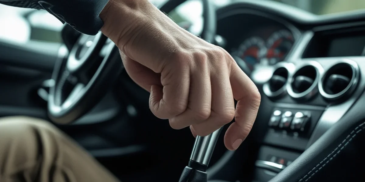 motorista-trocando-marcha-cambio-manual-preservacao Close da mão de um motorista trocando a marcha em um câmbio manual, focando na postura correta para evitar desgaste.