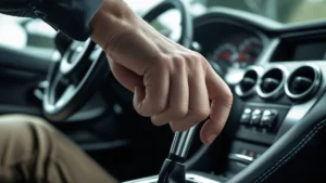 Close da mão de um motorista trocando a marcha em um câmbio manual, focando na postura correta para evitar desgaste.