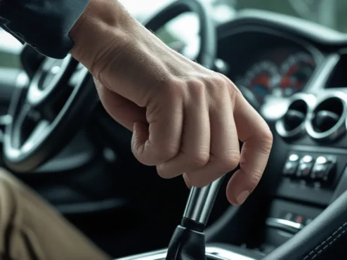 Close da mão de um motorista trocando a marcha em um câmbio manual, focando na postura correta para evitar desgaste.