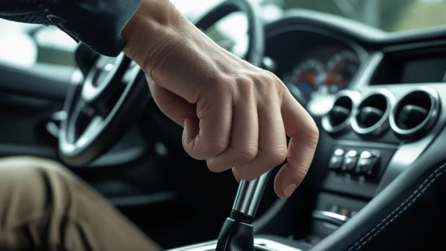 Close da mão de um motorista trocando a marcha em um câmbio manual, focando na postura correta para evitar desgaste.