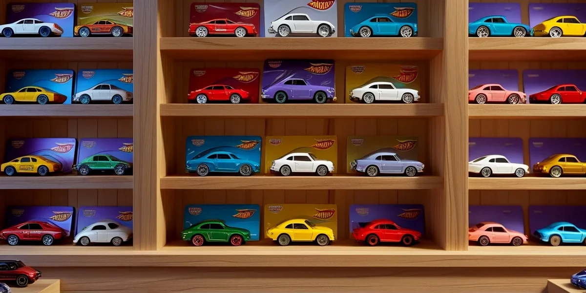 organizacao-colecao-hot-wheels-diecast Prateleiras organizadas com coleções de Hot Wheels em blisters protegidos e miniaturas expostas em nichos de madeira.