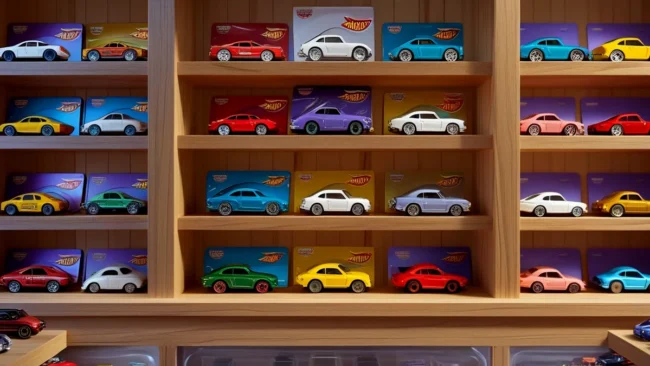 Prateleiras organizadas com coleções de Hot Wheels em blisters protegidos e miniaturas expostas em nichos de madeira.