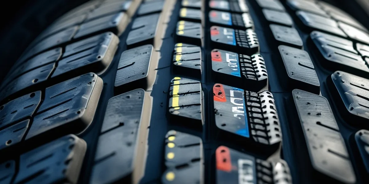 pneu-desgastado-indicador-twi-seguranca Close-up de um pneu automotivo mostrando o indicador de desgaste TWI nivelado com a banda de rodagem, indicando necessidade de troca imediata.