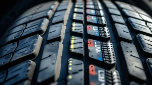 Close-up de um pneu automotivo mostrando o indicador de desgaste TWI nivelado com a banda de rodagem, indicando necessidade de troca imediata.