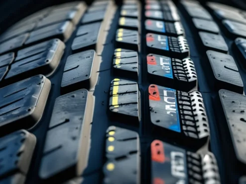 pneu-desgastado-indicador-twi-seguranca Close-up de um pneu automotivo mostrando o indicador de desgaste TWI nivelado com a banda de rodagem, indicando necessidade de troca imediata.