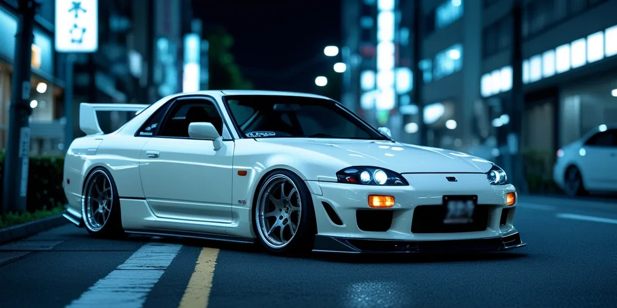 Carro esportivo japonês com preparação discreta estilo JDM e rodas de performance em um cenário urbano noturno.