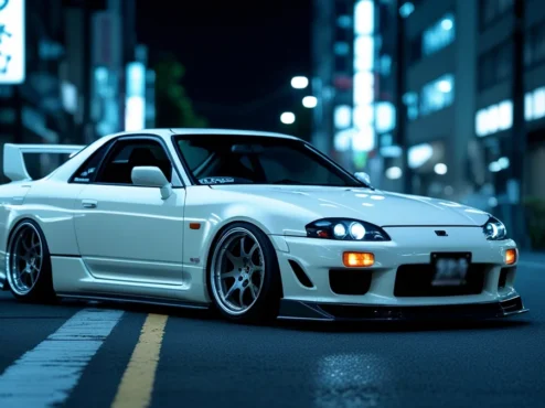 preparacao-jdm-discreta-functional-aesthetics Carro esportivo japonês com preparação discreta estilo JDM e rodas de performance em um cenário urbano noturno.
