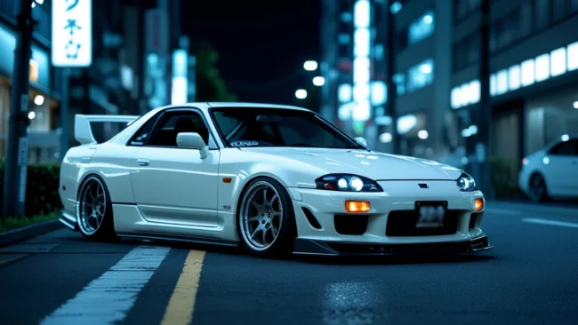 Carro esportivo japonês com preparação discreta estilo JDM e rodas de performance em um cenário urbano noturno.