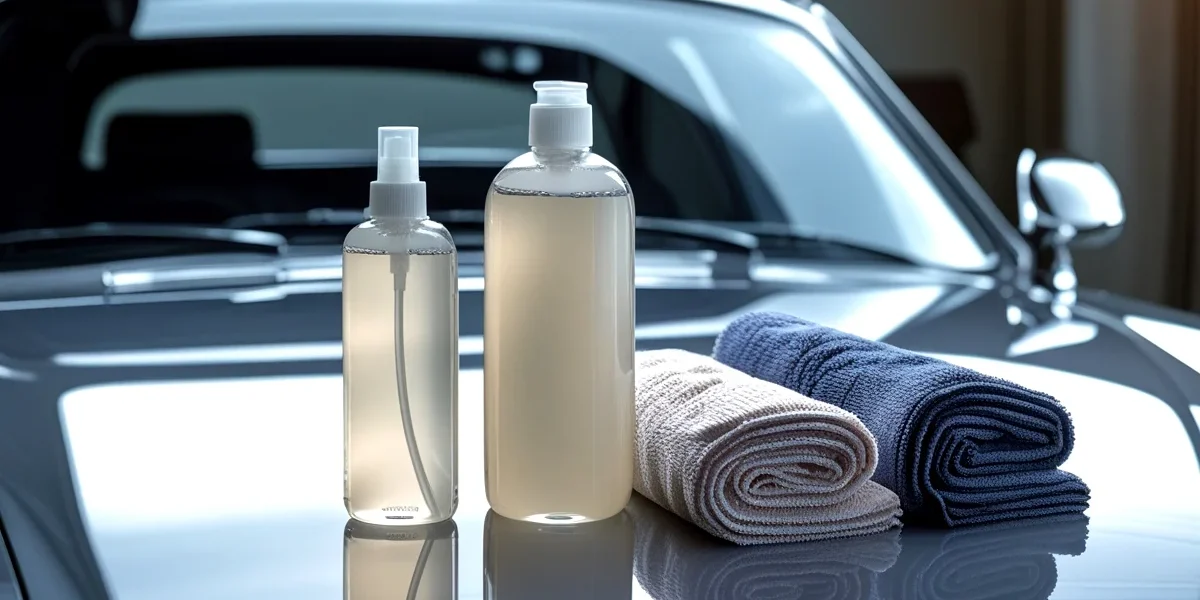 produtos-limpeza-automotiva-detalhamento-tecnico Kit de produtos de limpeza para carro com shampoo neutro e panos de microfibra em cima de uma lataria limpa e brilhante.