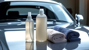 Kit de produtos de limpeza para carro com shampoo neutro e panos de microfibra em cima de uma lataria limpa e brilhante.