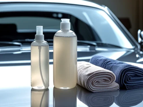 produtos-limpeza-automotiva-detalhamento-tecnico Kit de produtos de limpeza para carro com shampoo neutro e panos de microfibra em cima de uma lataria limpa e brilhante.