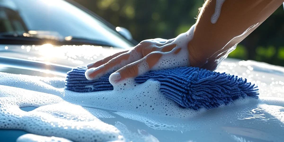 Mão com luva de microfibra lavando carro com espuma densa de shampoo automotivo de pH neutro para evitar riscos.