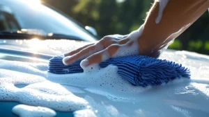 Mão com luva de microfibra lavando carro com espuma densa de shampoo automotivo de pH neutro para evitar riscos.