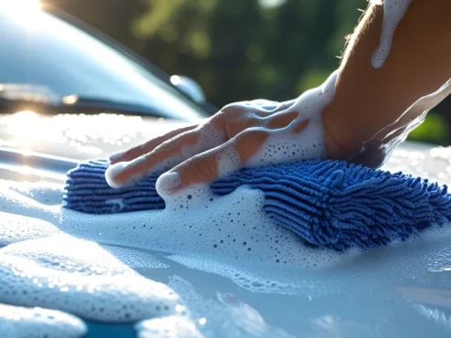 shampoo-automotivo-ph-neutro-lavagem-tecnica Mão com luva de microfibra lavando carro com espuma densa de shampoo automotivo de pH neutro para evitar riscos.
