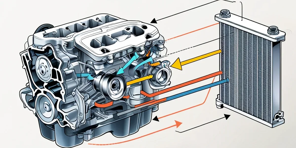 Diagrama do ciclo de arrefecimento automotivo mostrando o fluxo do líquido entre o bloco do motor, válvula termostática e radiador.