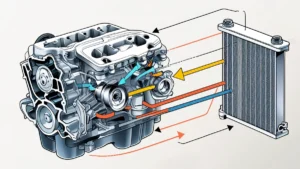 Diagrama do ciclo de arrefecimento automotivo mostrando o fluxo do líquido entre o bloco do motor, válvula termostática e radiador.